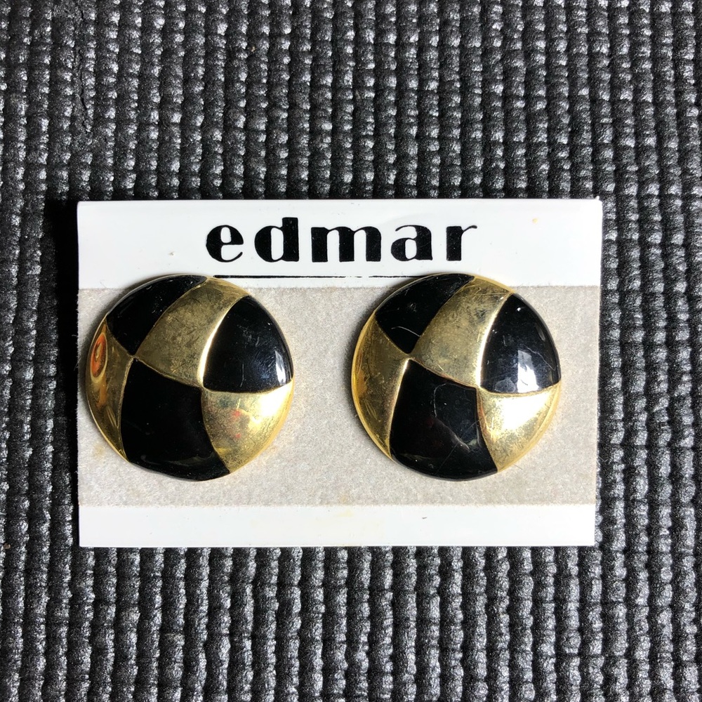 Vintage Edmar gold-tone and black enamel geometric dome clip earrings